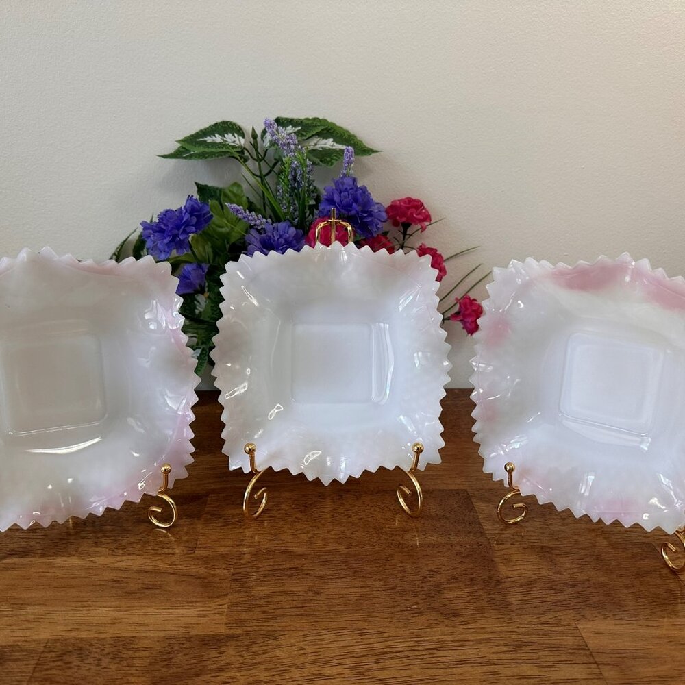 Vintage Milk Glass Bowls Set Iridescent Ruffled Sawtooth Edge Pastel Blue Pink